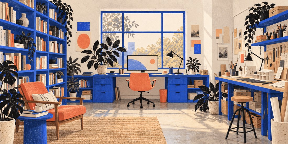 An illustrated studio with ultramarine shelves, orange chairs and plants.